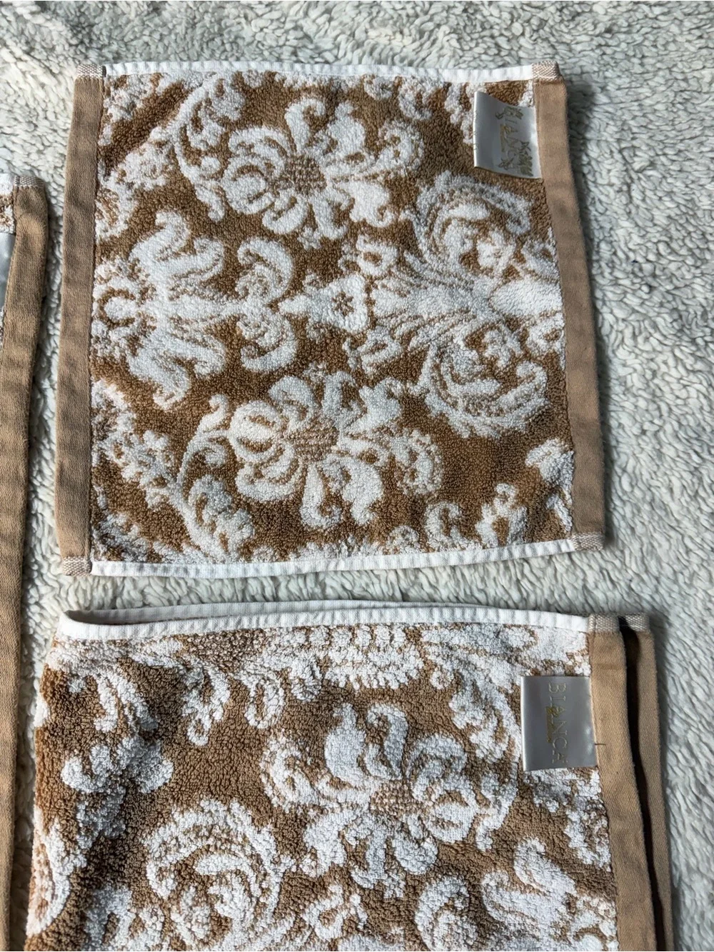 Bianca Exclusive 100% Cotton 3 piece Damask Pattern Towel Set in Beige and White